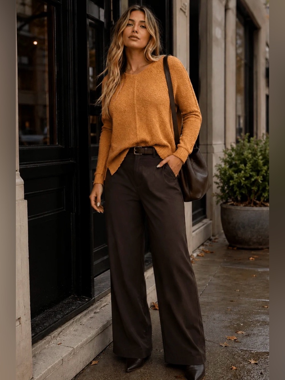 B811. Stylish Crewneck Knit Cotton Sweater in Mustard